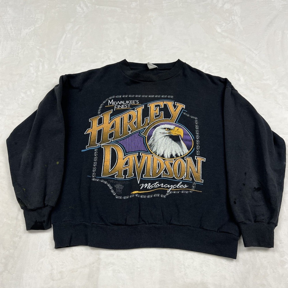 80s Harley Davidson Sweatshirt Mens L Black Milwaukee Eagle Graphic Distressed